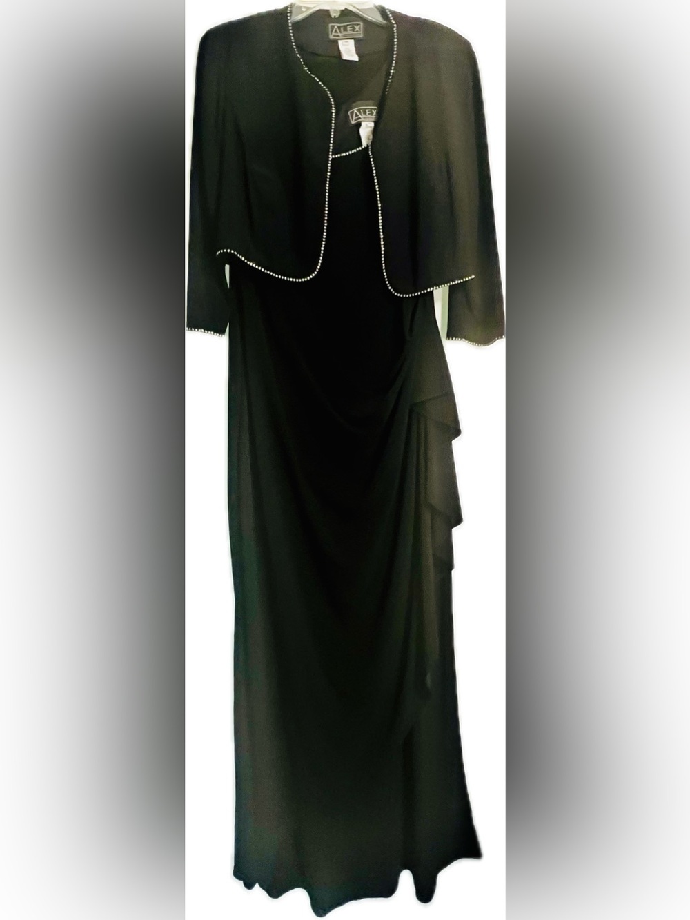 Elegant Alex Rhinestone Dress with Cropped Jacket in Black Stretch, Slimming Fit